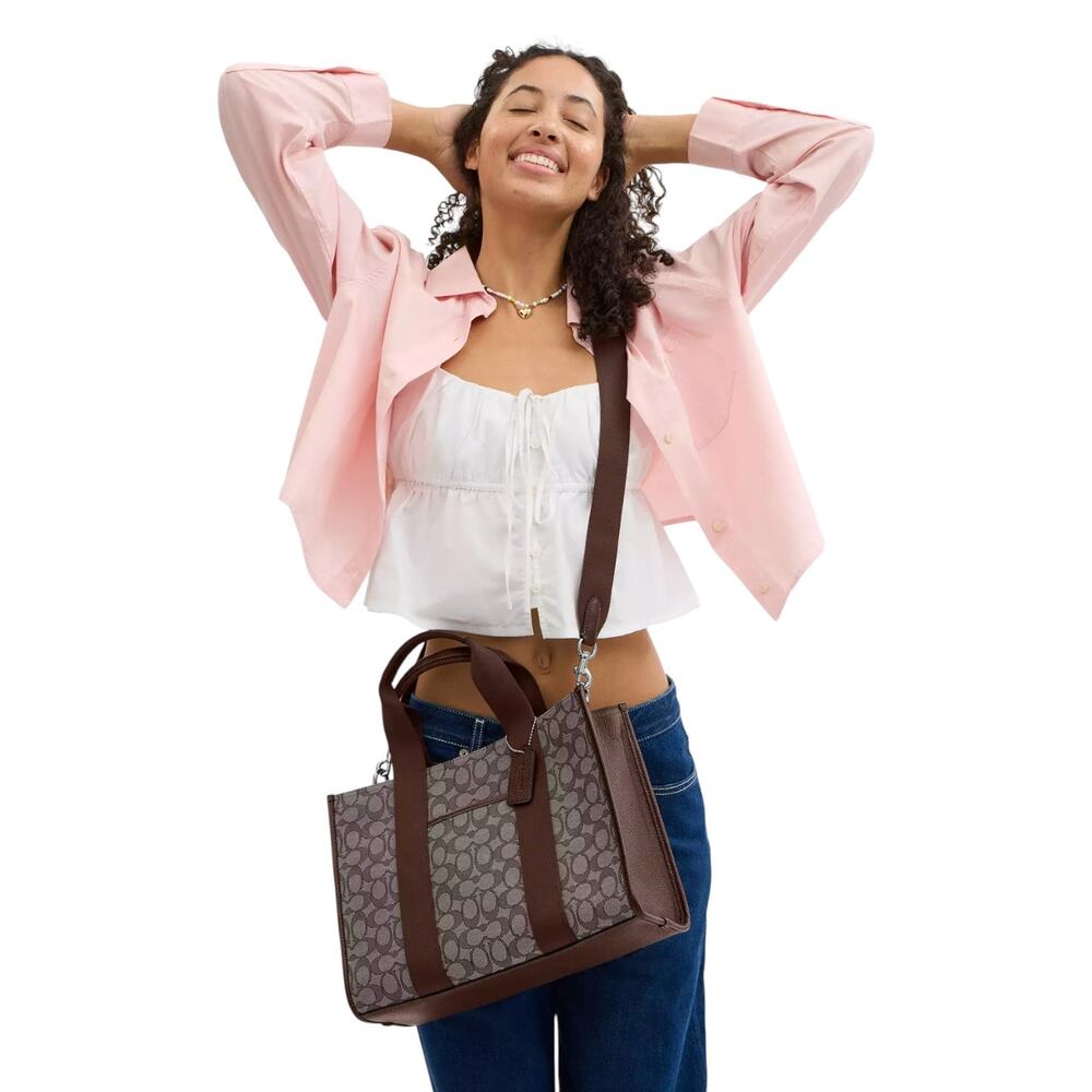 Coach Smith Tote Bag In Signature Jacquard / Silver / Oak / Maple Brown - Picture 9 of 12